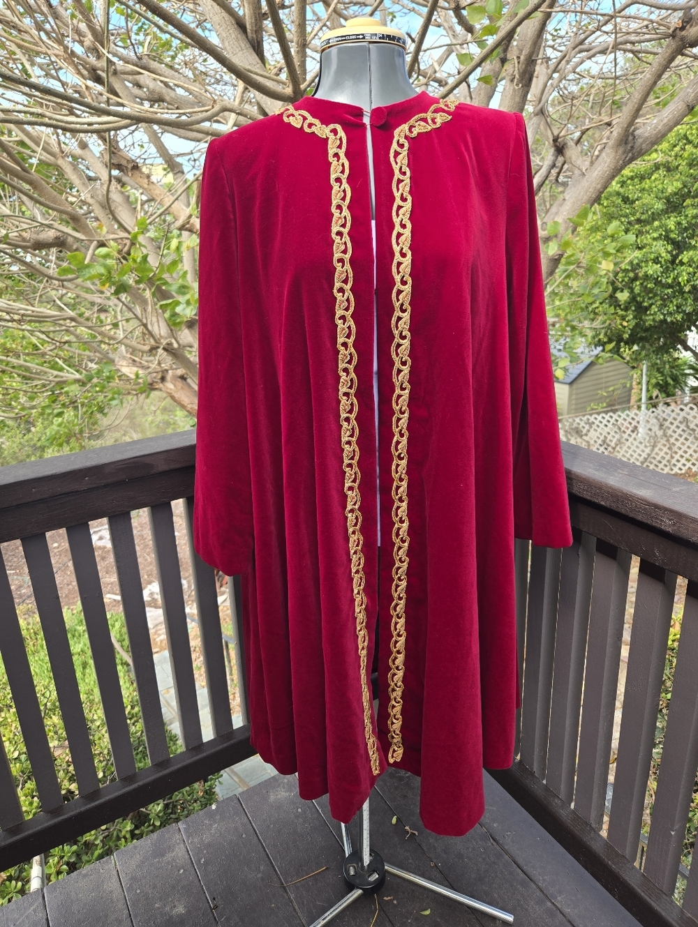 Vintage Eighties Designer Victoria Secret Red Velvet Cape Coat with Gold Trim